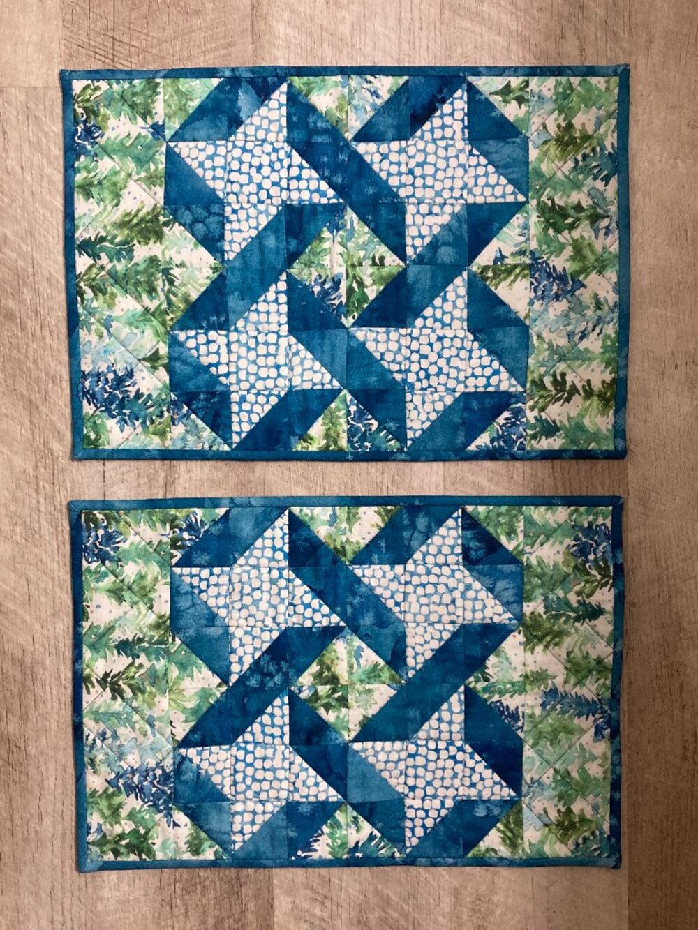 Handmade Blue/Green/White Chisel Star Patchwork Quilted Design Placements